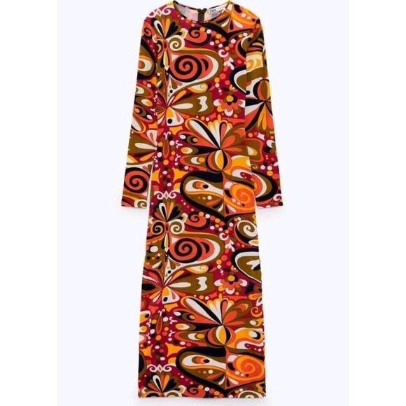 Zara Mod Printed Maxi Dress BodyCon Side Slits Stretch Retro 60s 70s Fitted XS - Picture 4 of 9